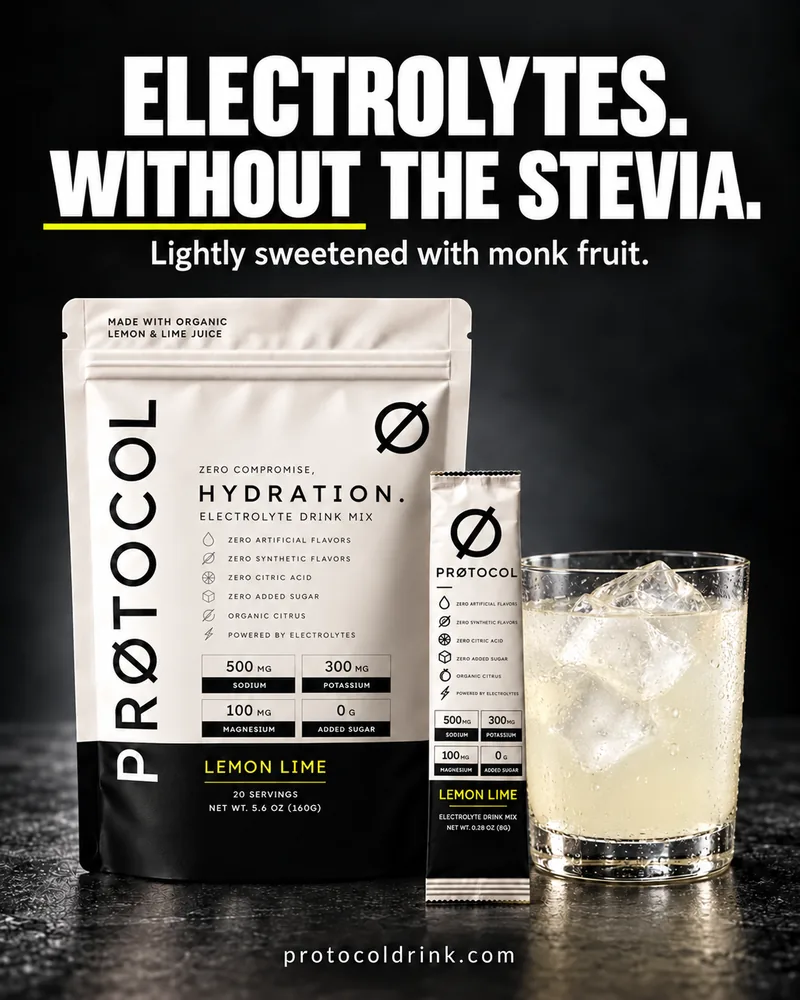 PRØTOCOL bag and stick pack beside an iced glass of lemon lime drink