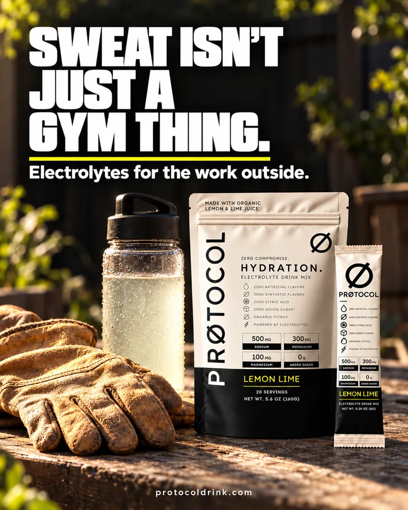 PRØTOCOL bag and stick pack outdoors with work gloves and a water bottle