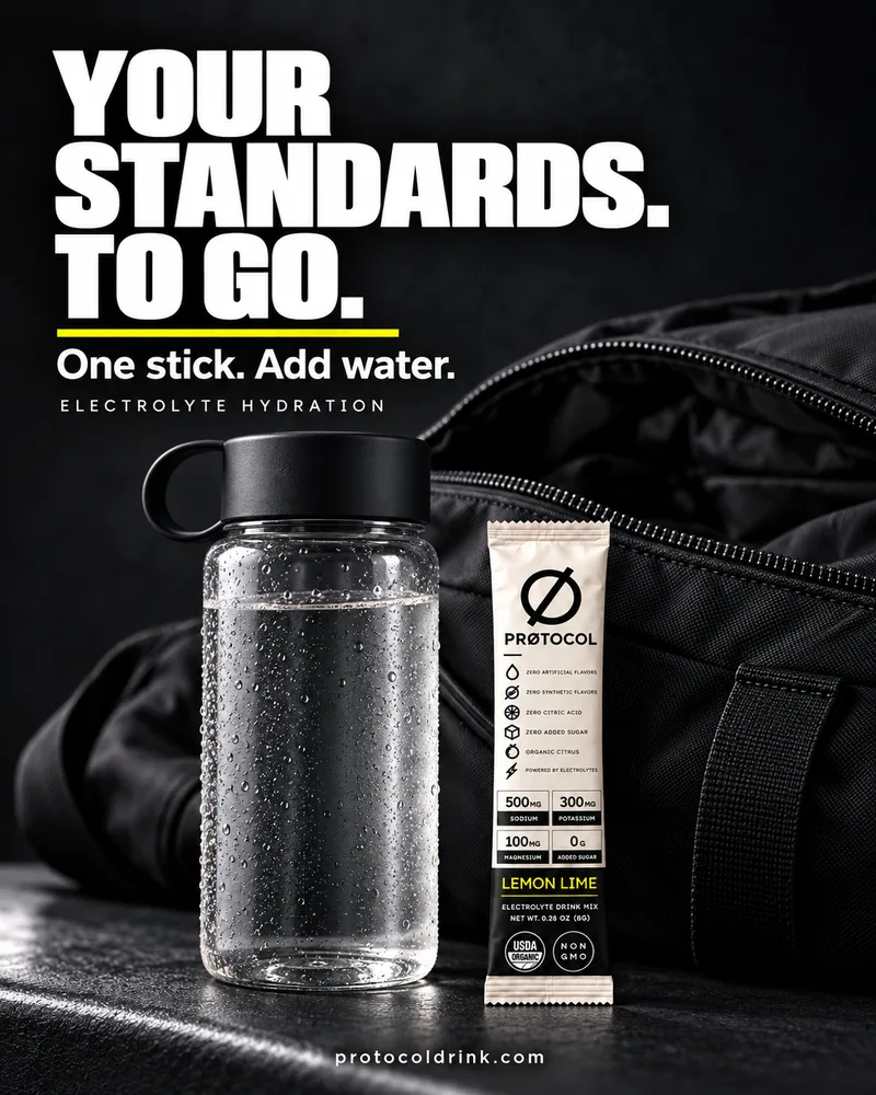 A PRØTOCOL stick pack next to a water bottle and gym bag