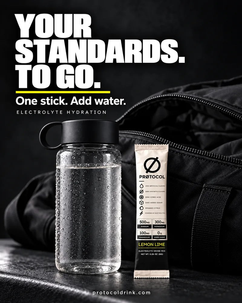 A PRØTOCOL stick pack next to a water bottle and gym bag