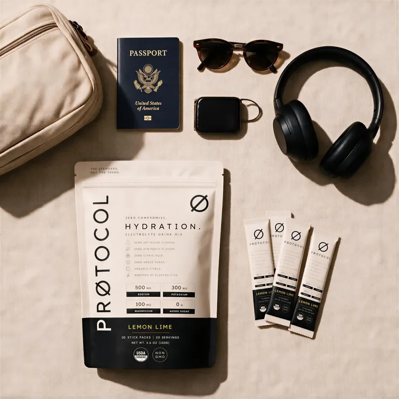PRØTOCOL bag and stick packs laid out with passport, sunglasses and headphones